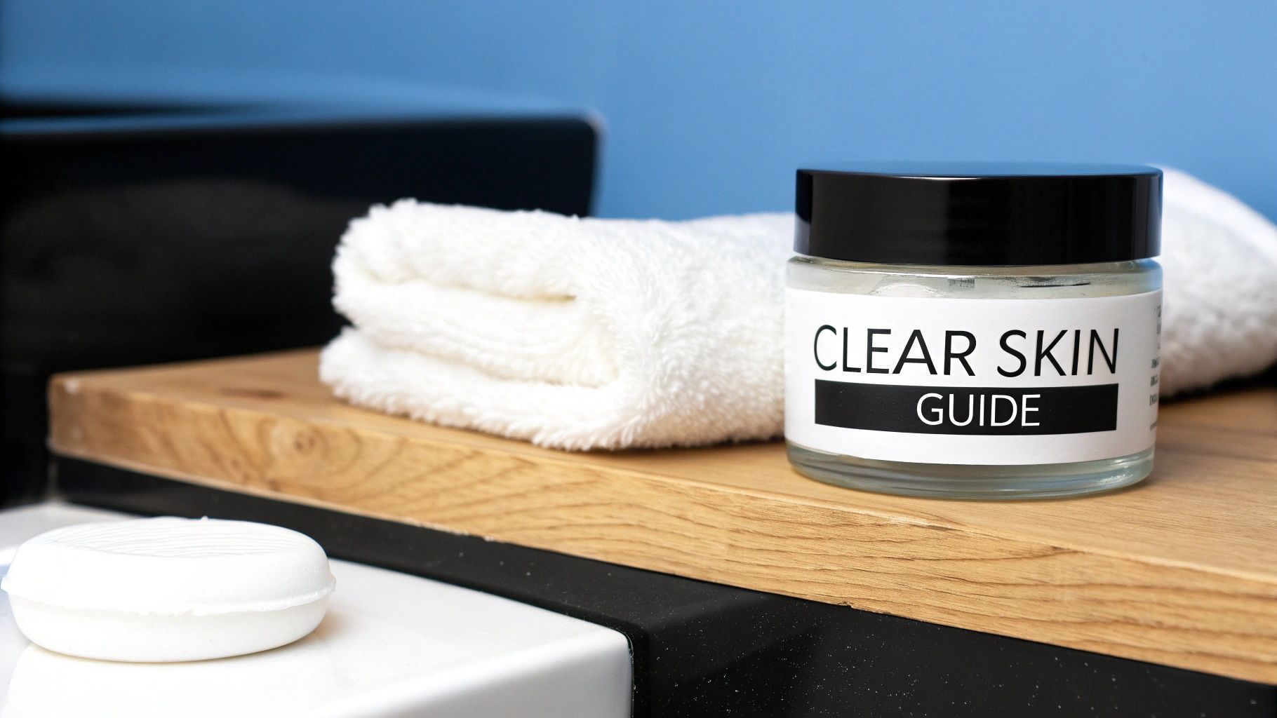 A modern bathroom countertop featuring skincare products, including a face cream, with a clean and minimalist aesthetic.
