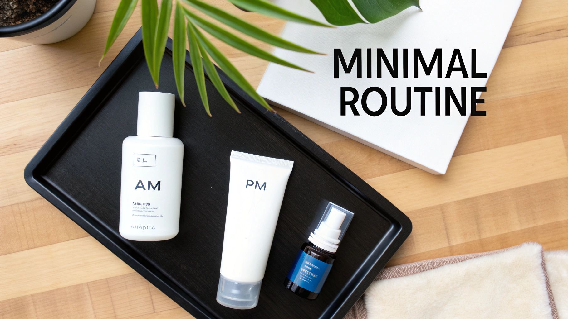 A minimalist AM and PM skincare routine featuring natural products for men on a black tray.