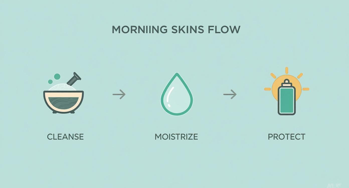 An infographic showing the three essential steps of a morning skincare routine: Cleanse, Moisturize, and Protect, represented by simple icons.