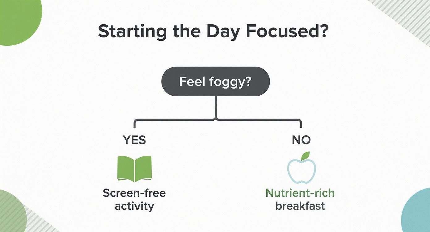A simple flowchart helps you start the day focused: 'Feel foggy?' leads to 'Screen-free activity' or 'Nutrient-rich breakfast'.