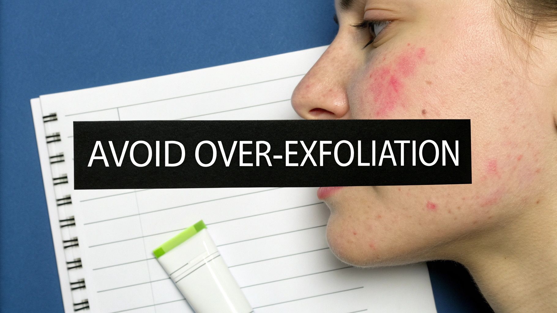 A man looking in the mirror, visibly frustrated with a red, irritated patch of skin on his cheek.