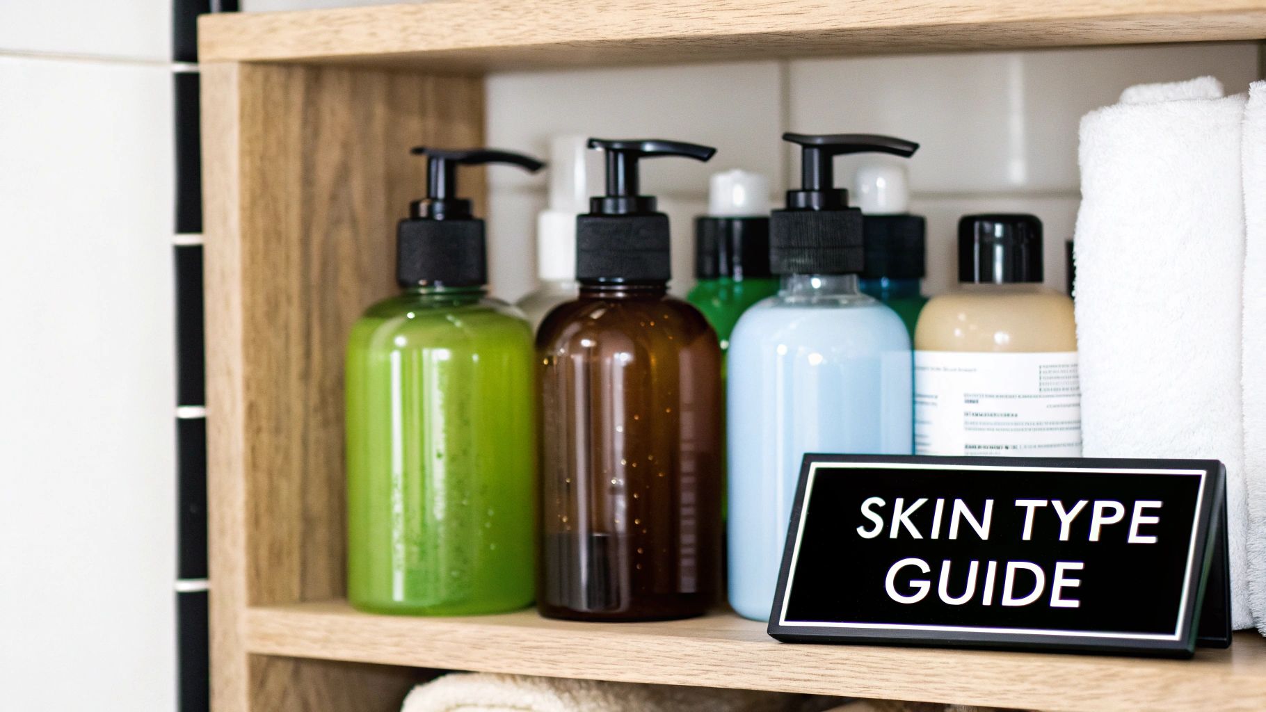 A stylish bottle of men's body wash next to a neatly folded towel on a dark surface