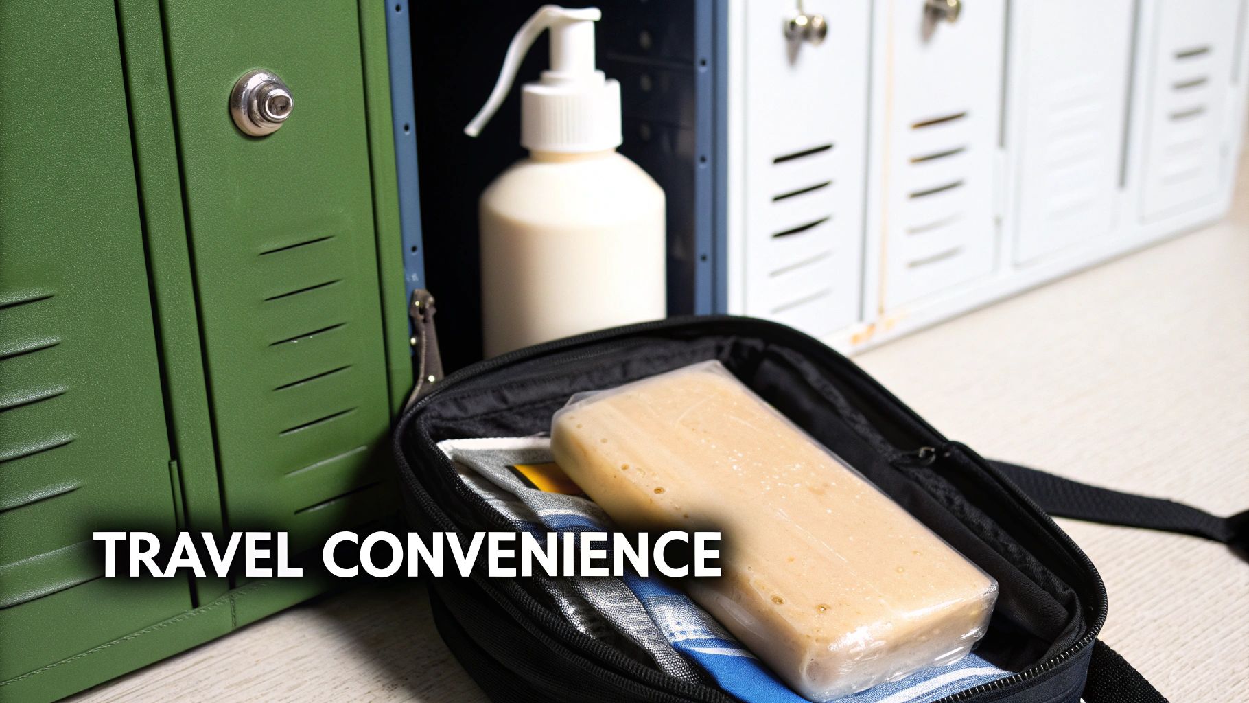 An open travel bag with a bar of soap and a pump bottle near lockers, highlighting travel convenience.