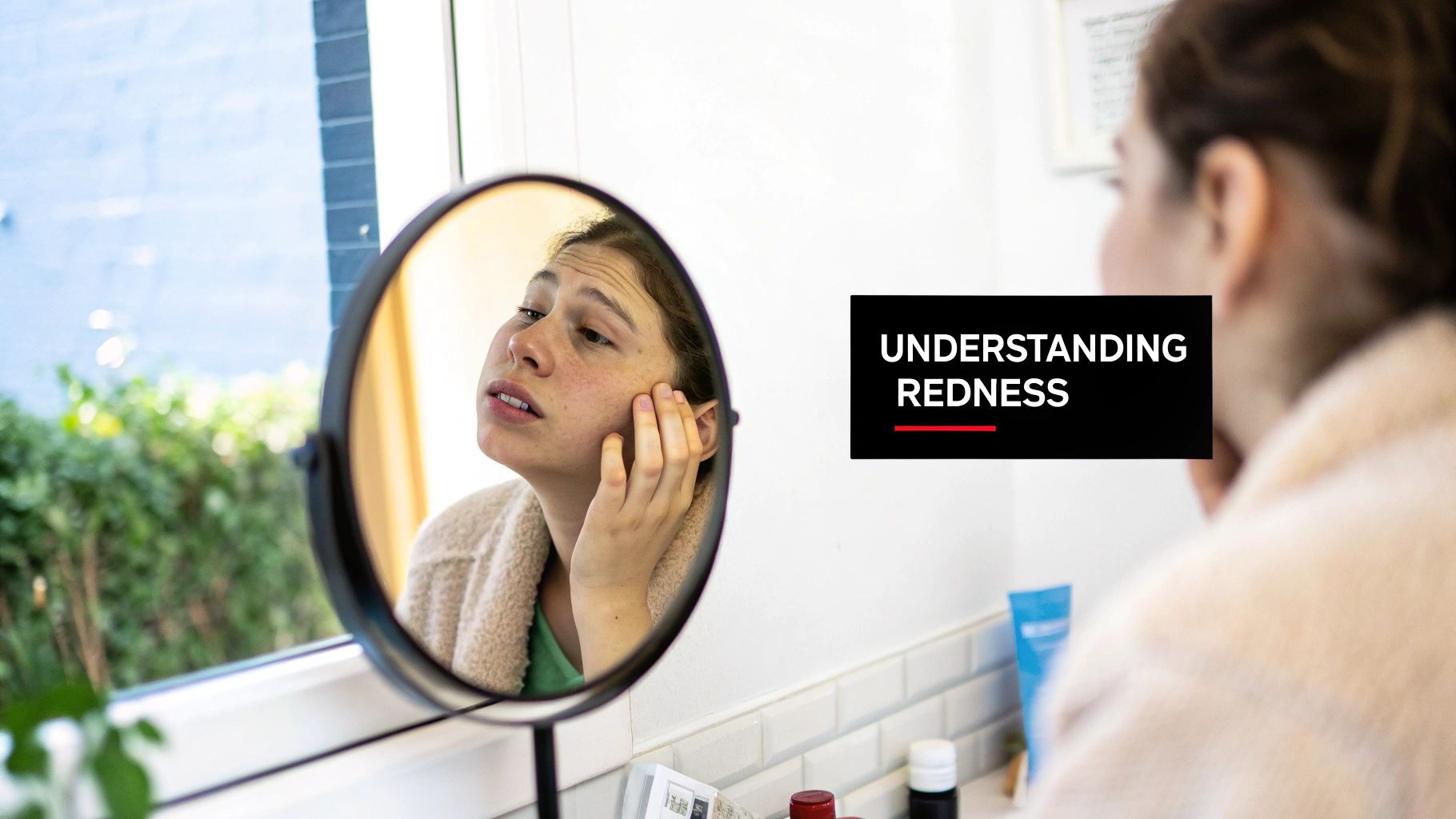 Woman applying a calming skincare product to her face to reduce redness