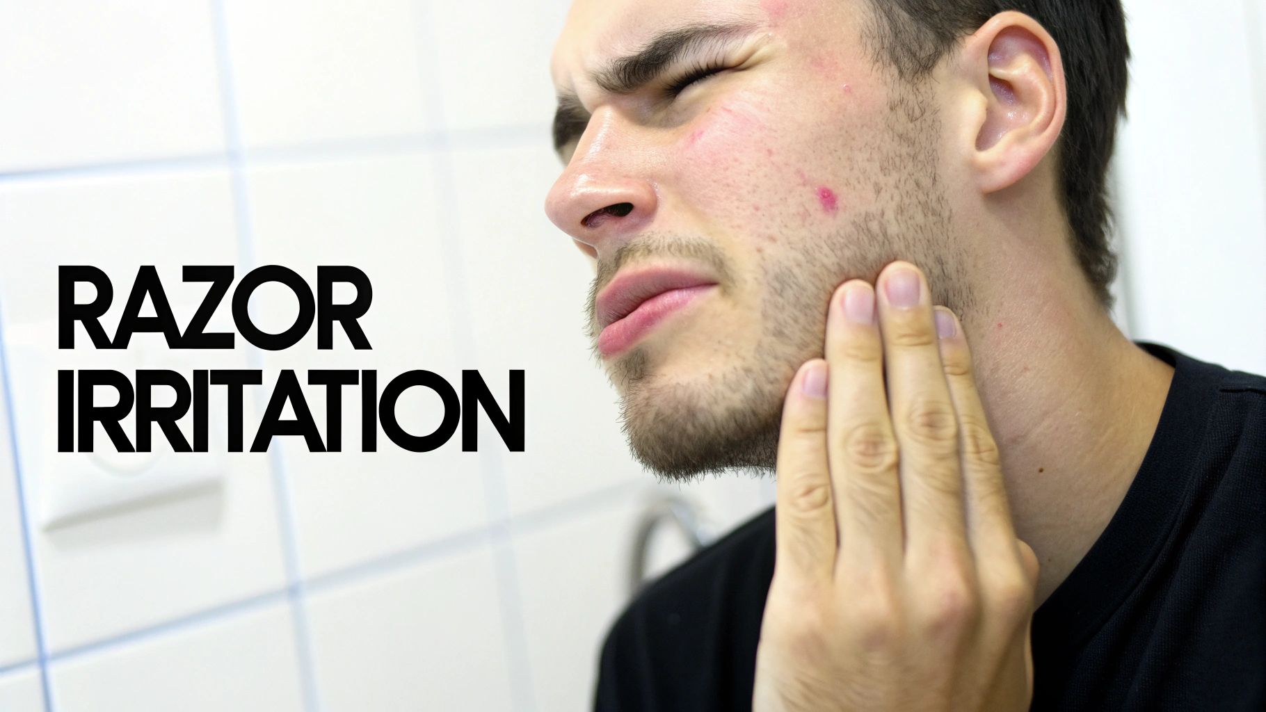 A man suffering from razor irritation, touching his sensitive face with red bumps and rash.