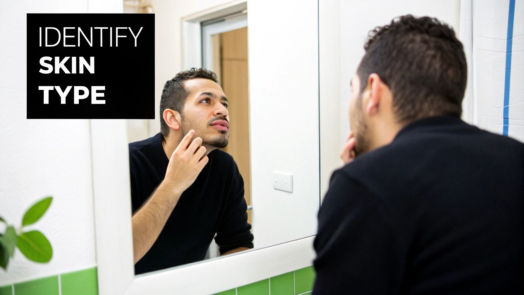 A man examining his reflection in a bathroom mirror