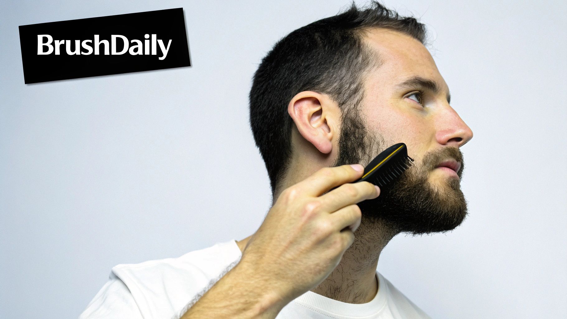 A man using a wooden comb on his well-groomed beard