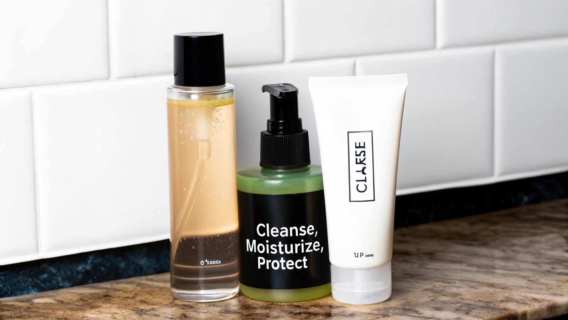 A man applying moisturizer in front of a mirror, representing a simple skincare routine.