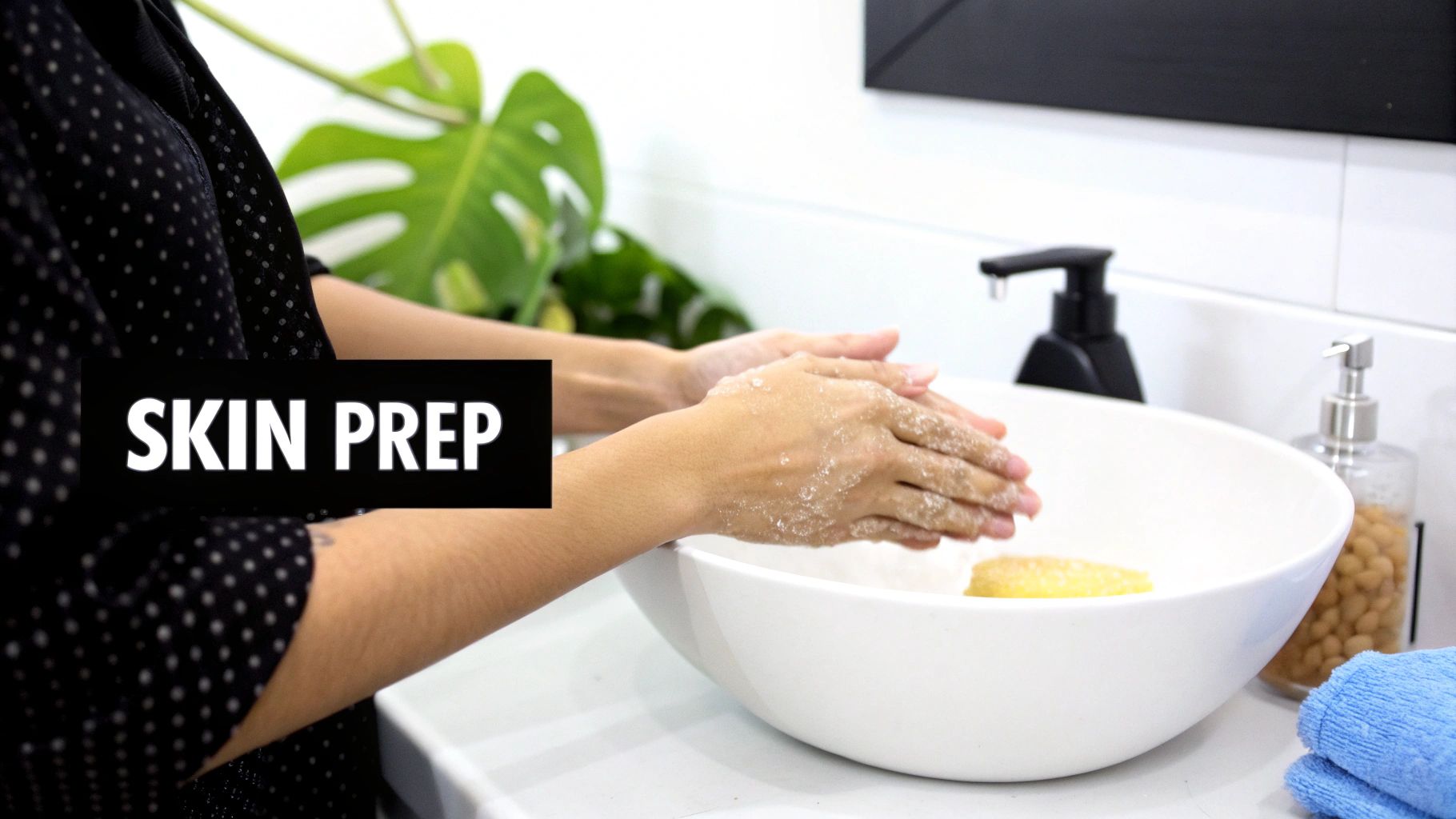 Man preparing his skin for a shave in a steamy bathroom