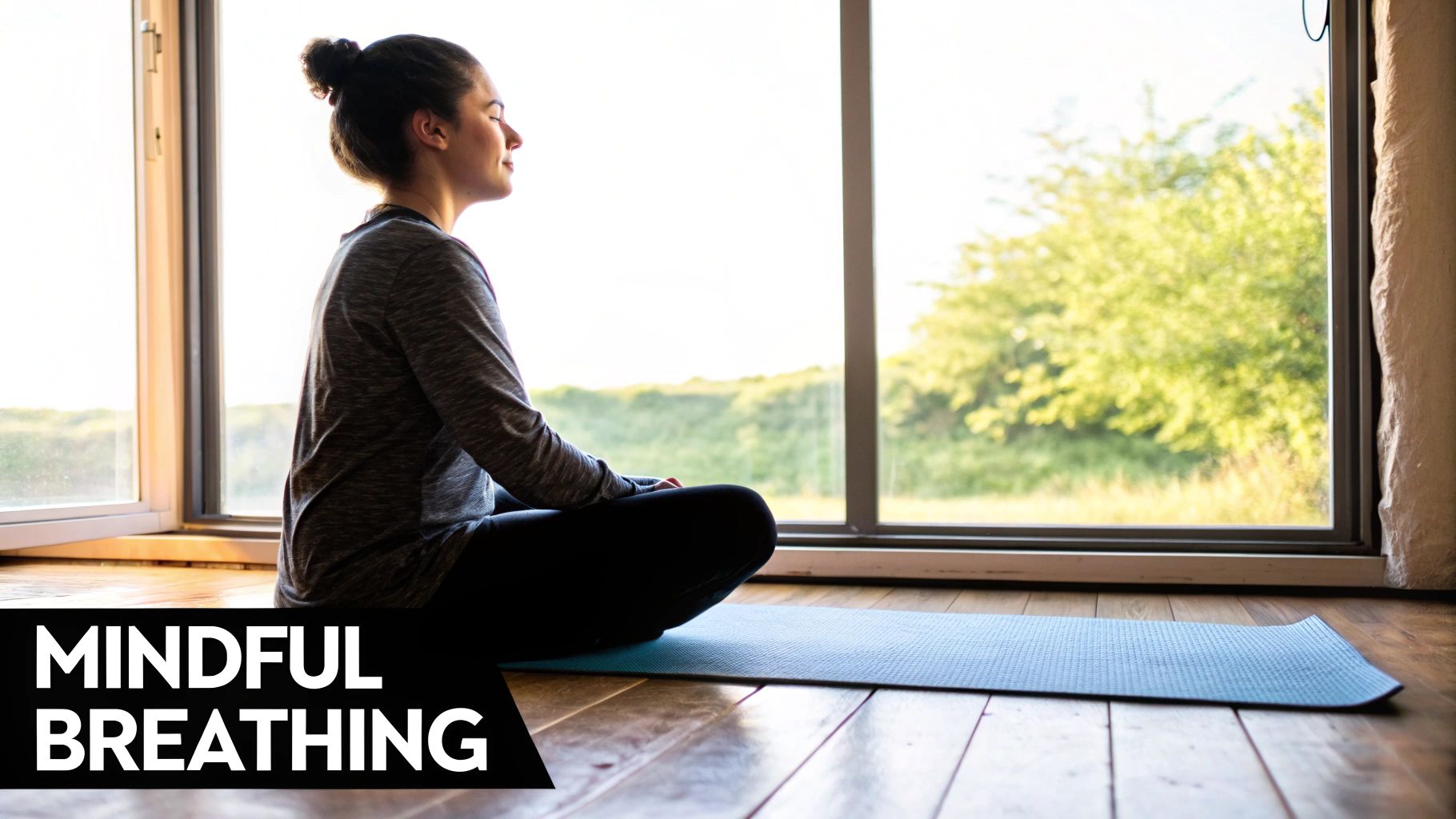 A person meditating peacefully in a calm, natural setting.