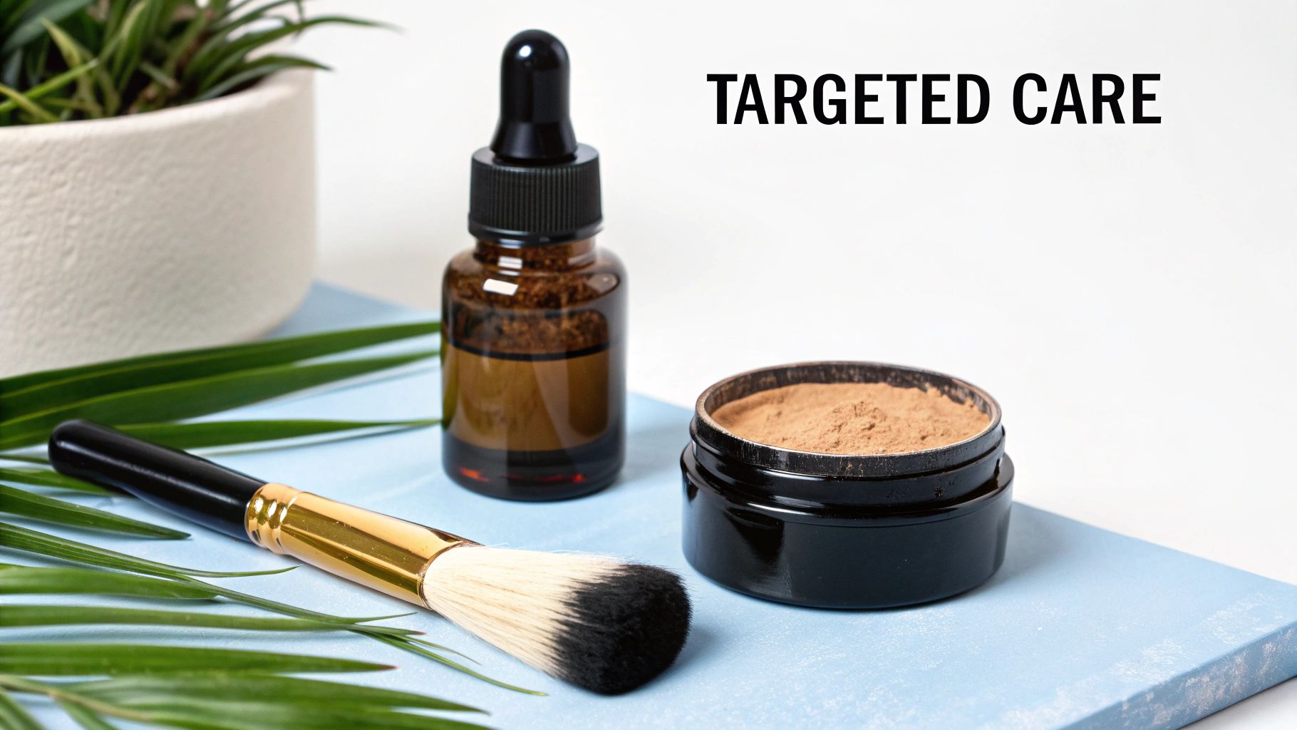 A man applying a targeted serum to his face, with natural ingredients in the background.