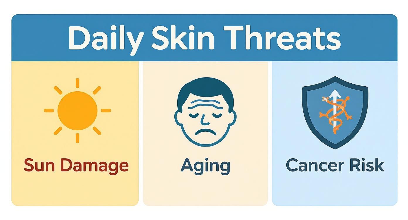 Infographic showing daily skin threats: sun damage, aging, and cancer risk, each with an icon.