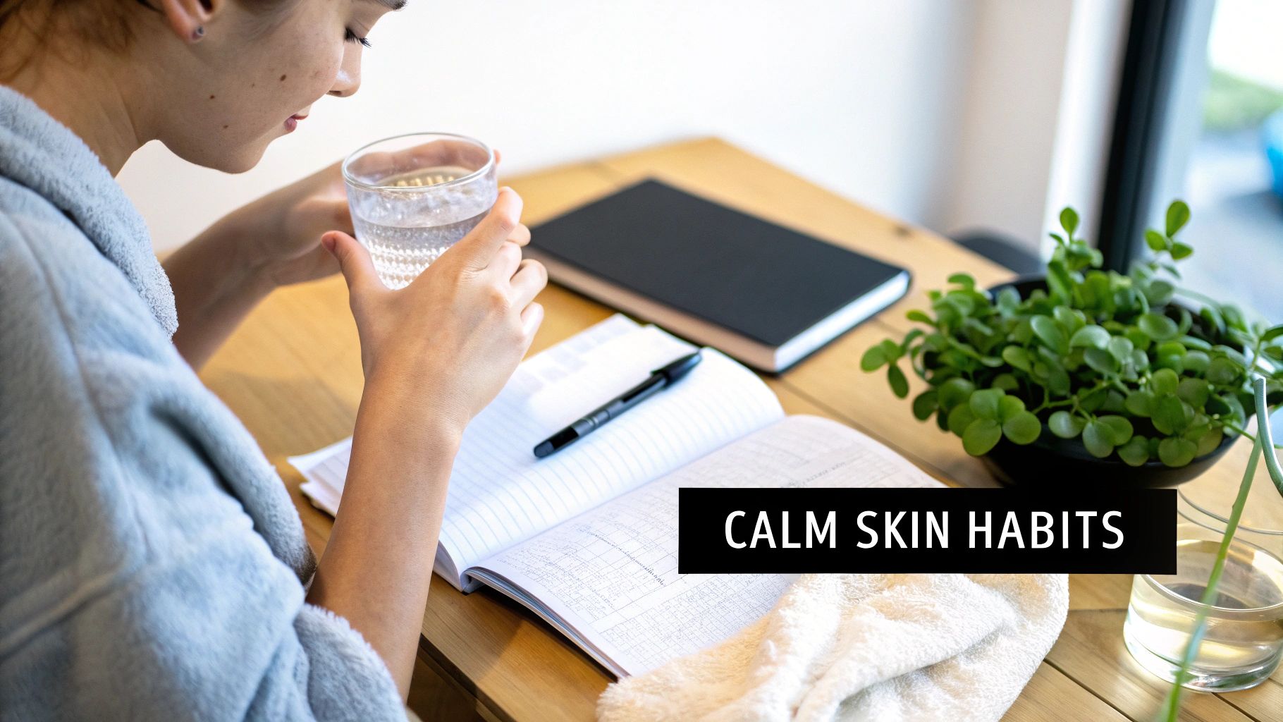 A person meditating peacefully outdoors, symbolizing stress management for calmer skin.