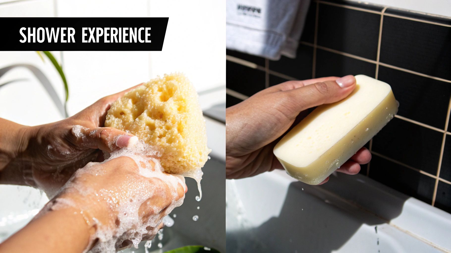 A split image showing hands with a foamy sponge and a bar of soap for shower experience.