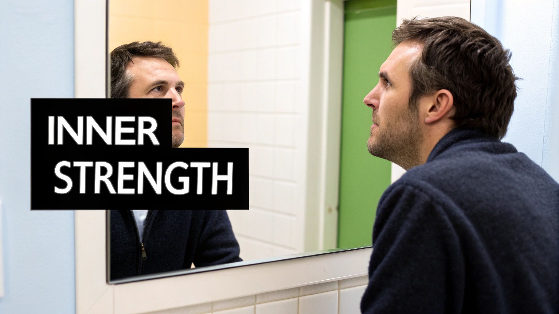 A man with a thoughtful expression looking out over a city, symbolizing self-awareness and internal confidence.