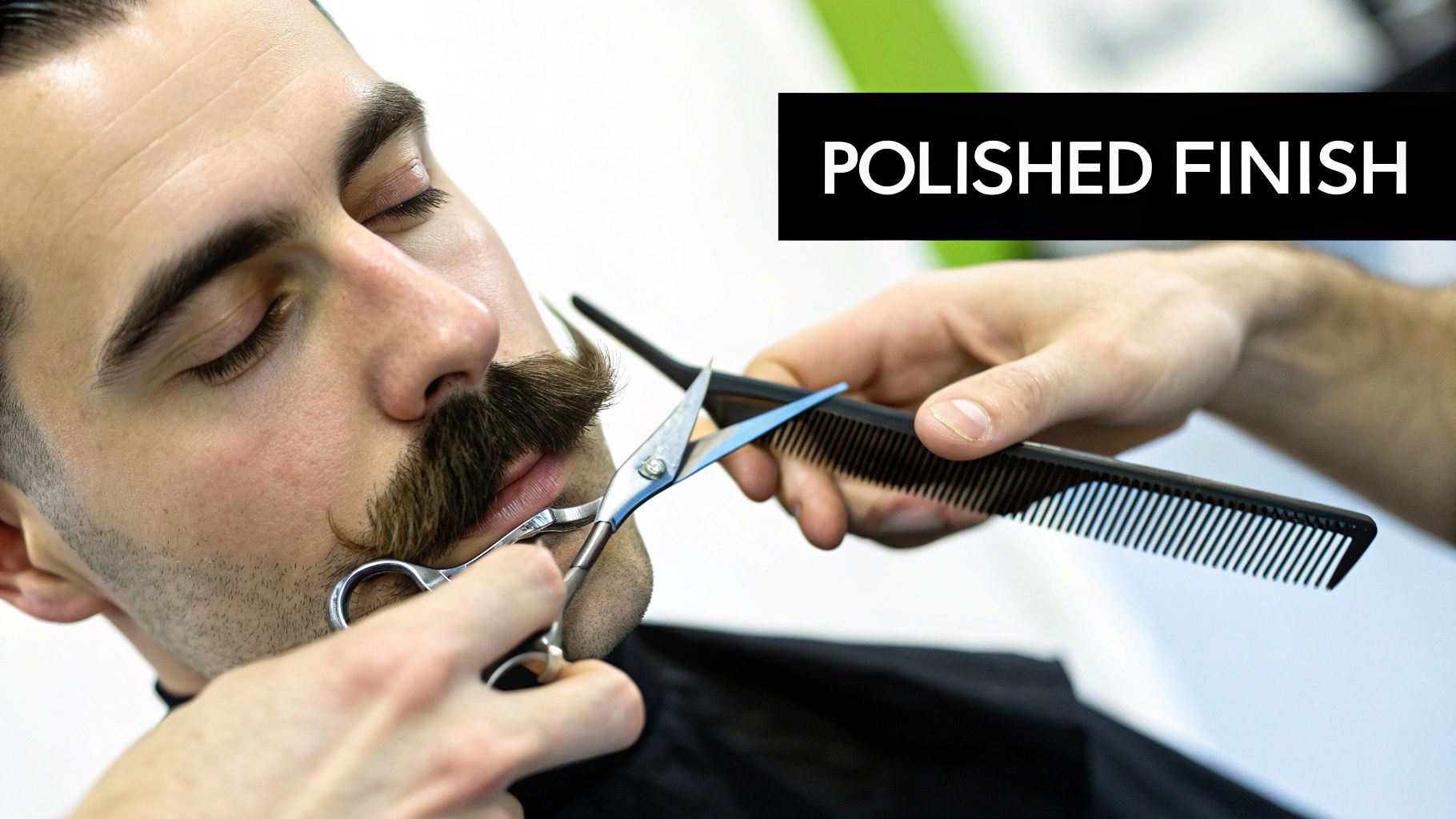 A close-up of a man meticulously trimming his mustache with small scissors.