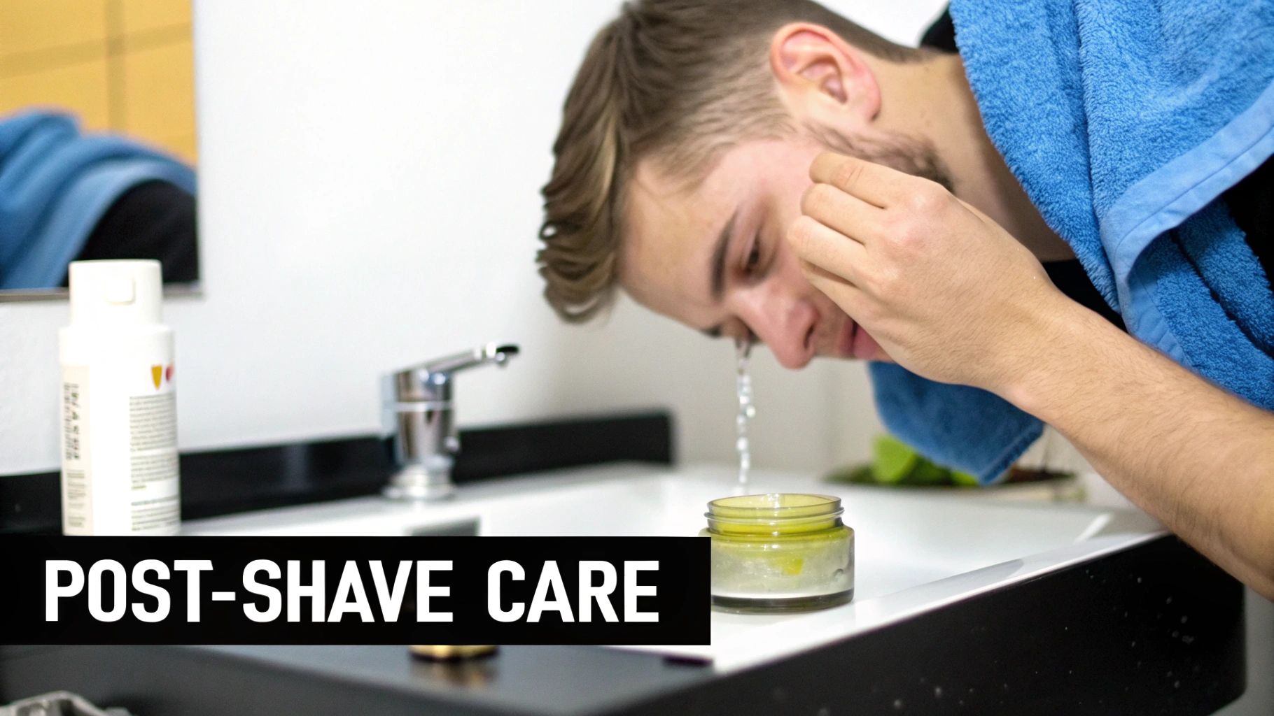 A man in a blue towel rinses his face at a bathroom sink, performing post-shave care.