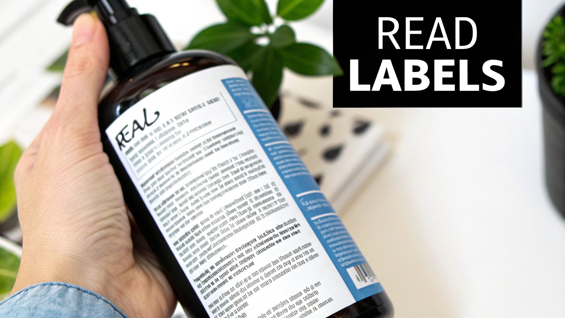 A person holds a product bottle with a "REAL" label, with a bold "READ LABELS" sign visible.