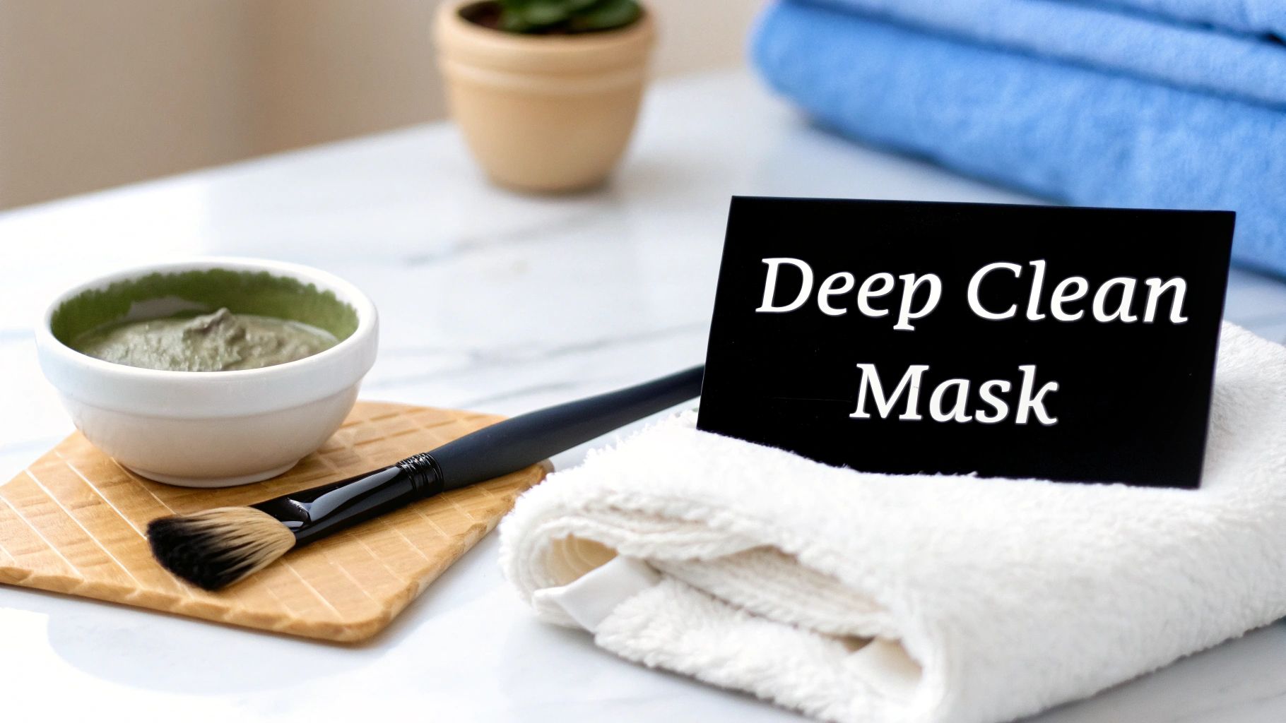 Two small bowls, one with green clay mask and the other with a white scrub, surrounded by skincare tools on a clean surface.