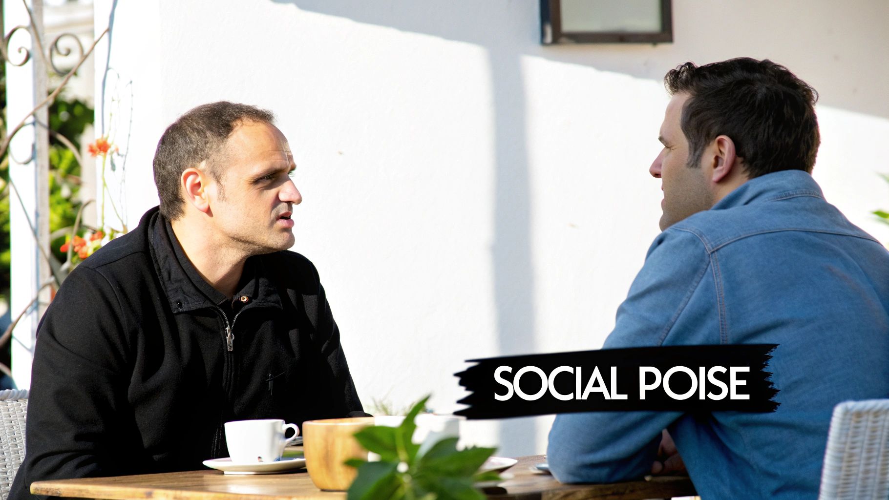 Two men sit at an outdoor table, one talking to the other, with coffee cups.
