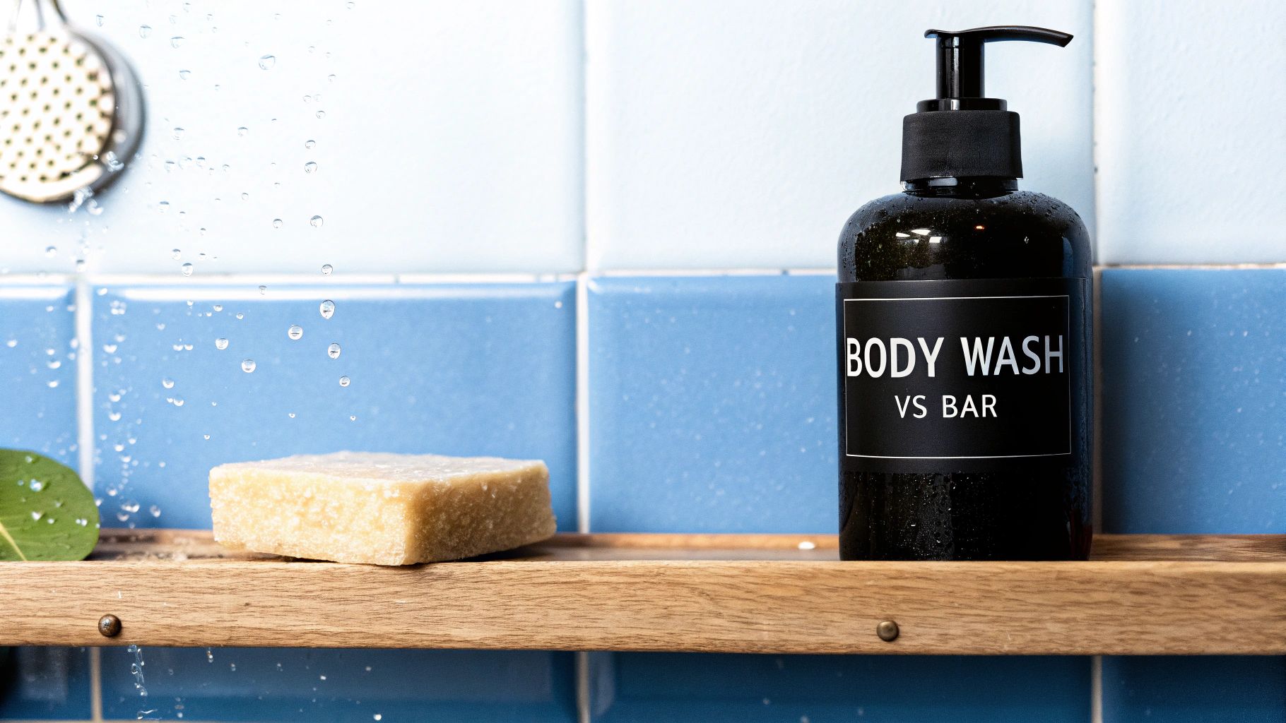 A black pump bottle of body wash and a bar of soap on a wooden shelf under a showering head, against blue tiles.