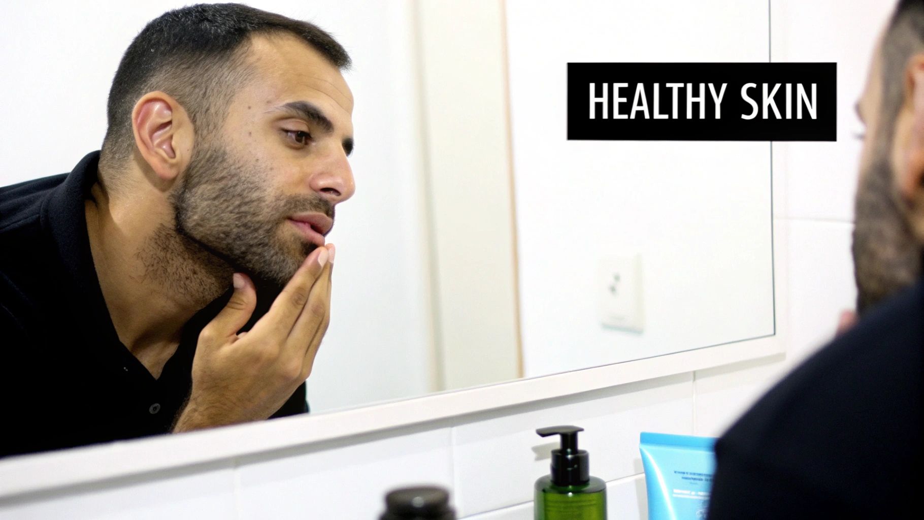 A man applying skincare cream to his face in front of a mirror