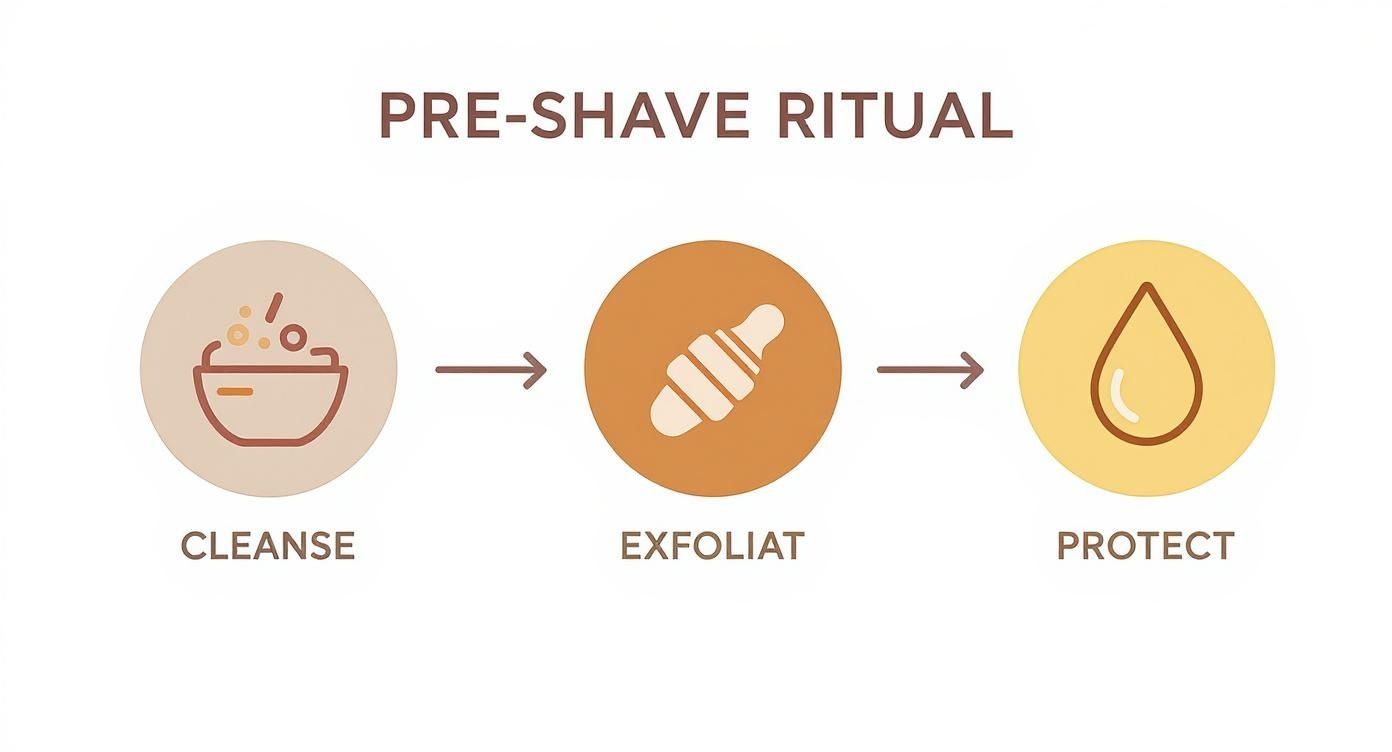 A pre-shave ritual diagram illustrating three steps: cleanse, exfoliate, and protect with corresponding icons.