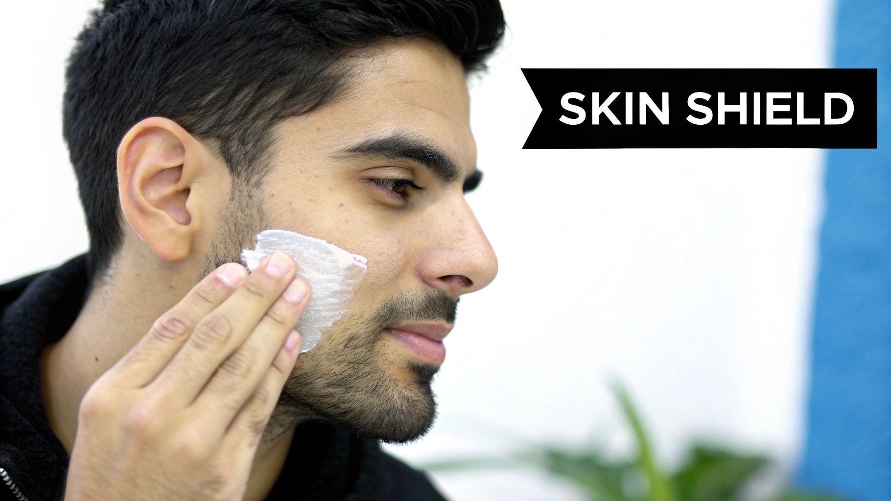 A man confidently applying face cream in a modern bathroom