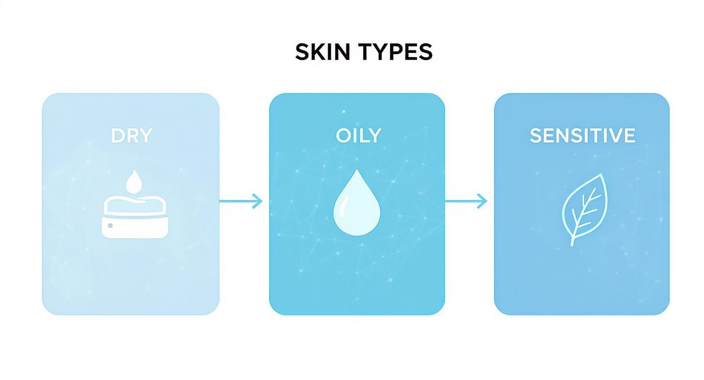 Three skin types illustrated with icons showing dry, oily, and sensitive skin care needs