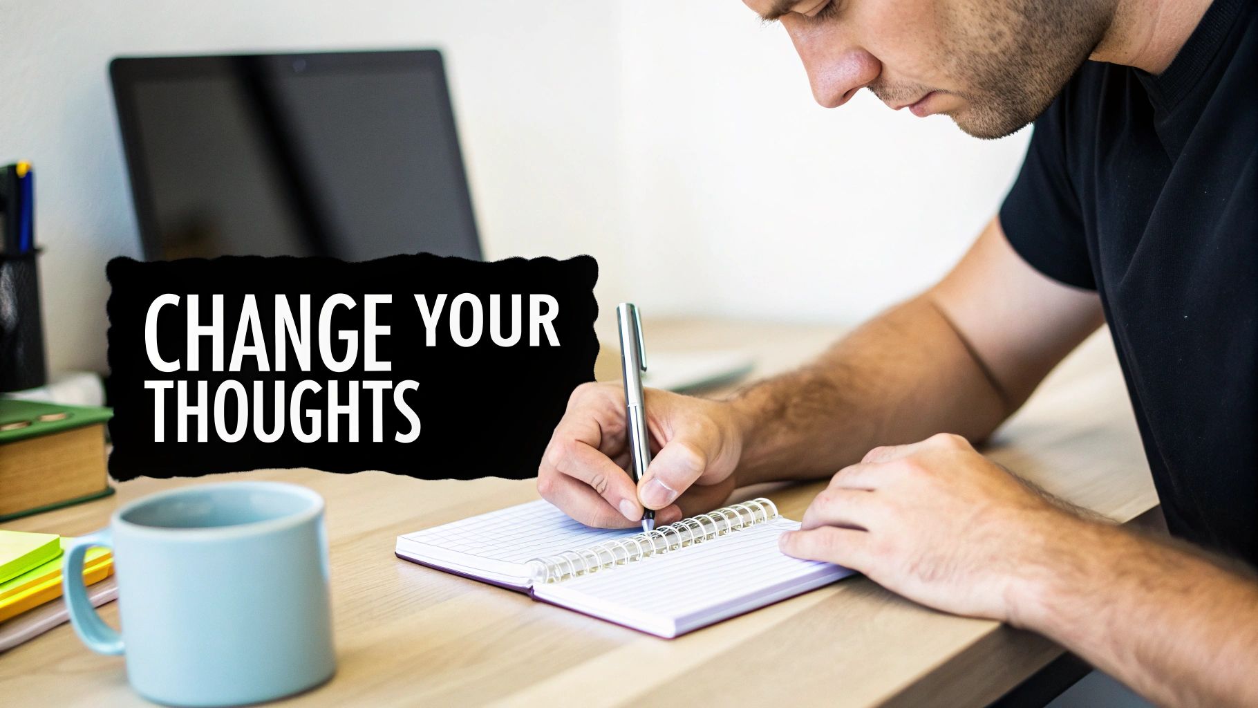 A man looking in a mirror and seeing a more confident version of himself.