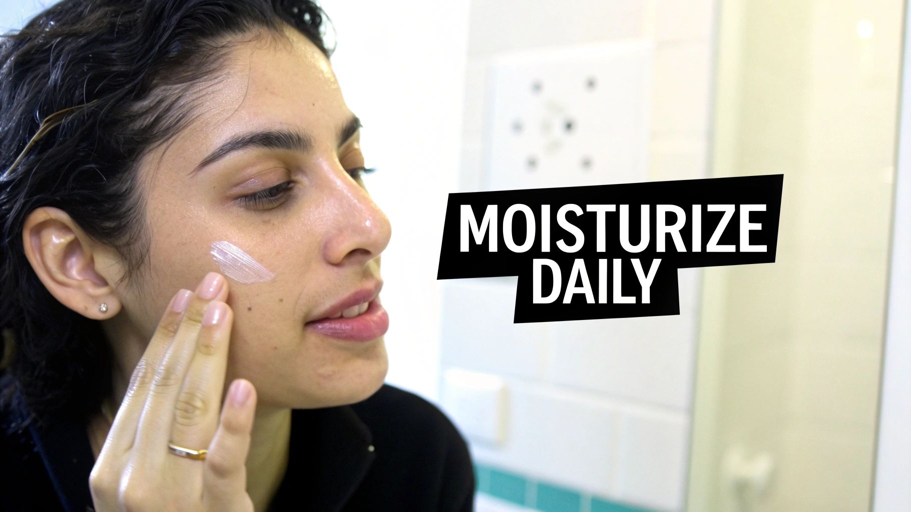 Man applying lightweight moisturizer to his face in front of a mirror.