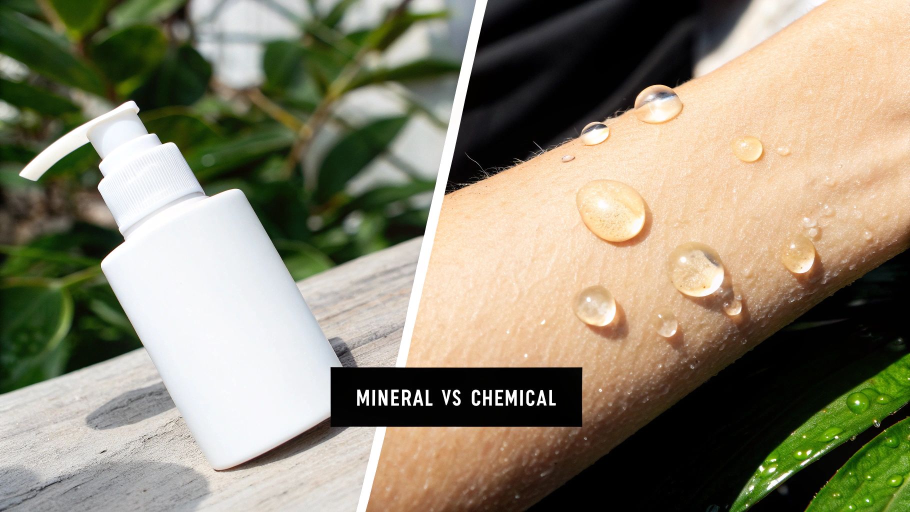 A split image contrasting a white lotion bottle with a person's arm covered in water droplets, captioned "MINERAL VS CHEMICAL".