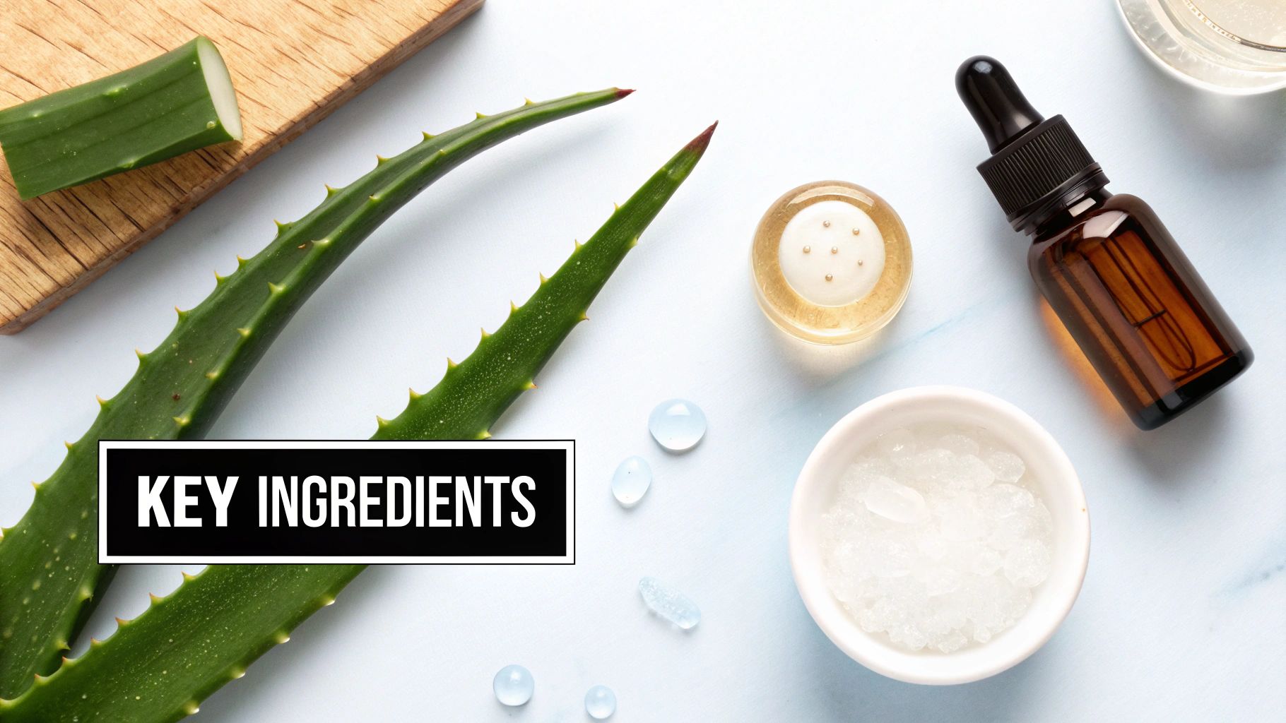 A close-up of different skincare ingredient textures on a surface