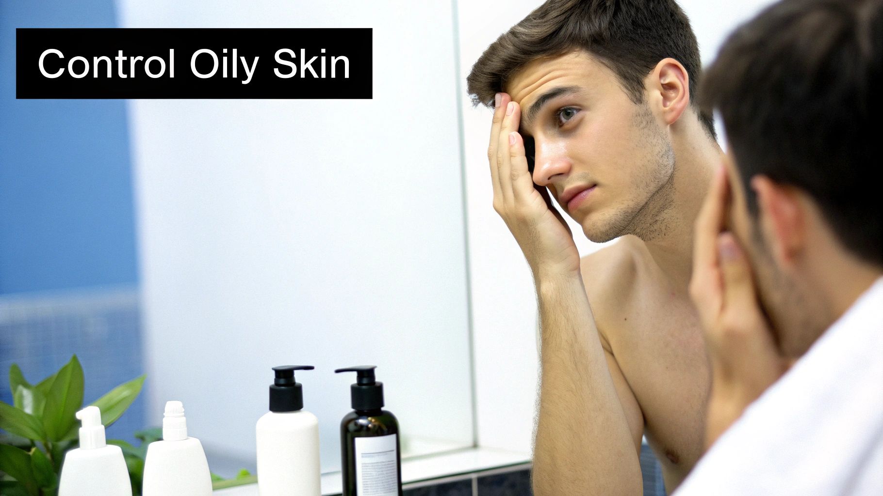 A young man applying face cream in a bathroom mirror, representing a daily oily skin care routine.