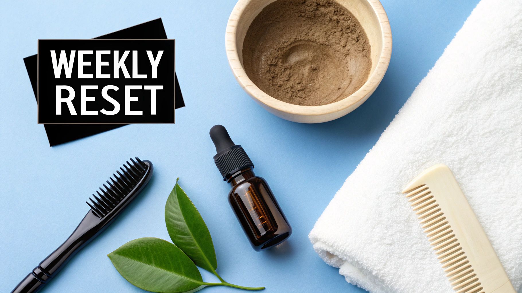 Flat lay of weekly reset self-care items including a mask, oil, brush, and towel.