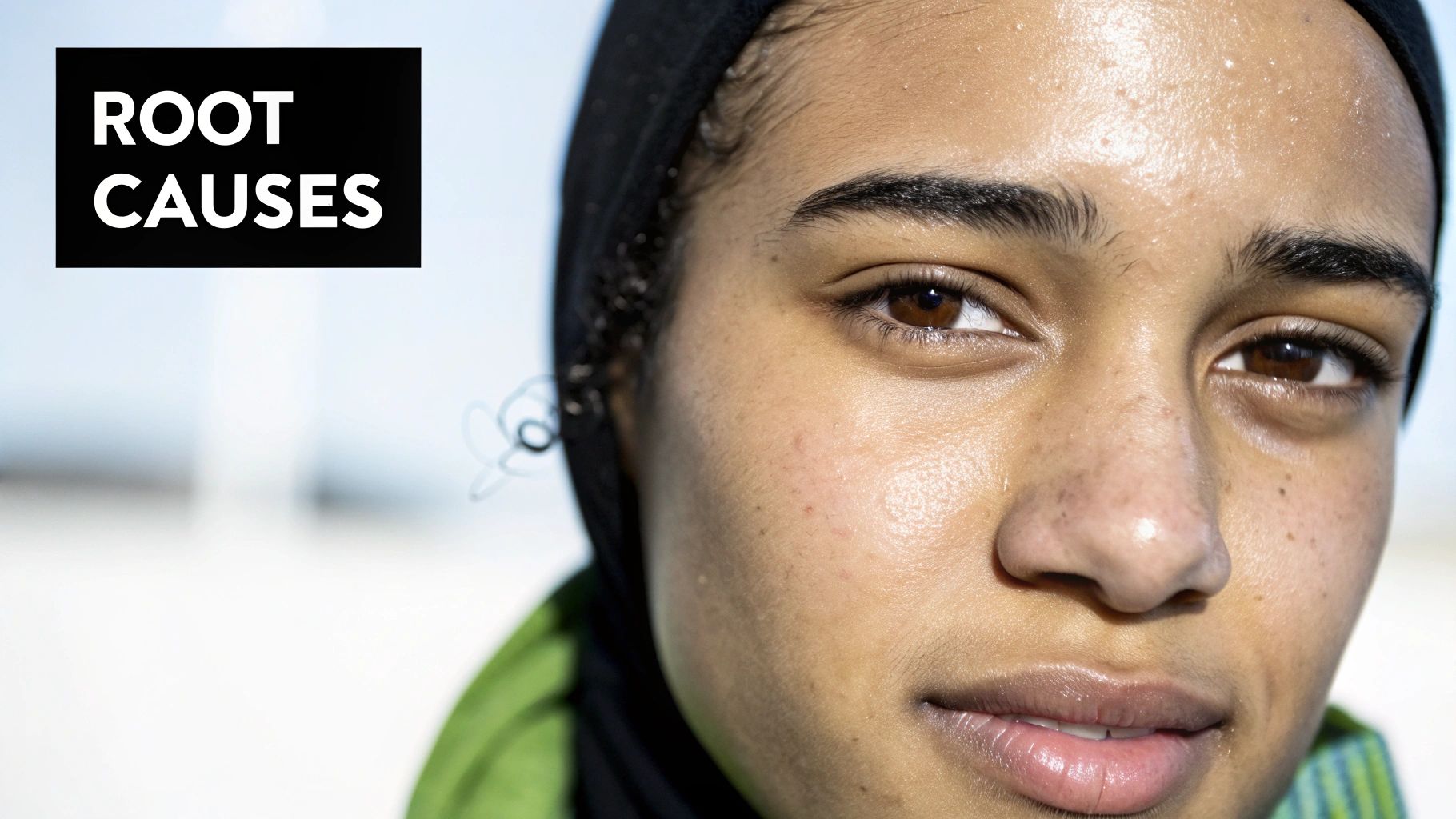 A person examining their skin in the mirror, focusing on the t-zone area.