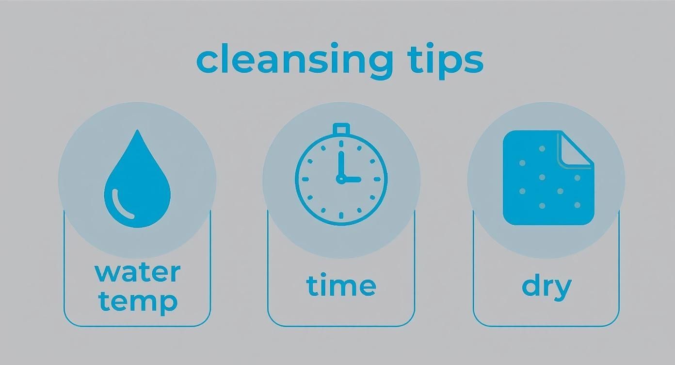 Infographic with icons for water temperature, cleansing time, and drying method, summarizing key oily skin cleansing tips.