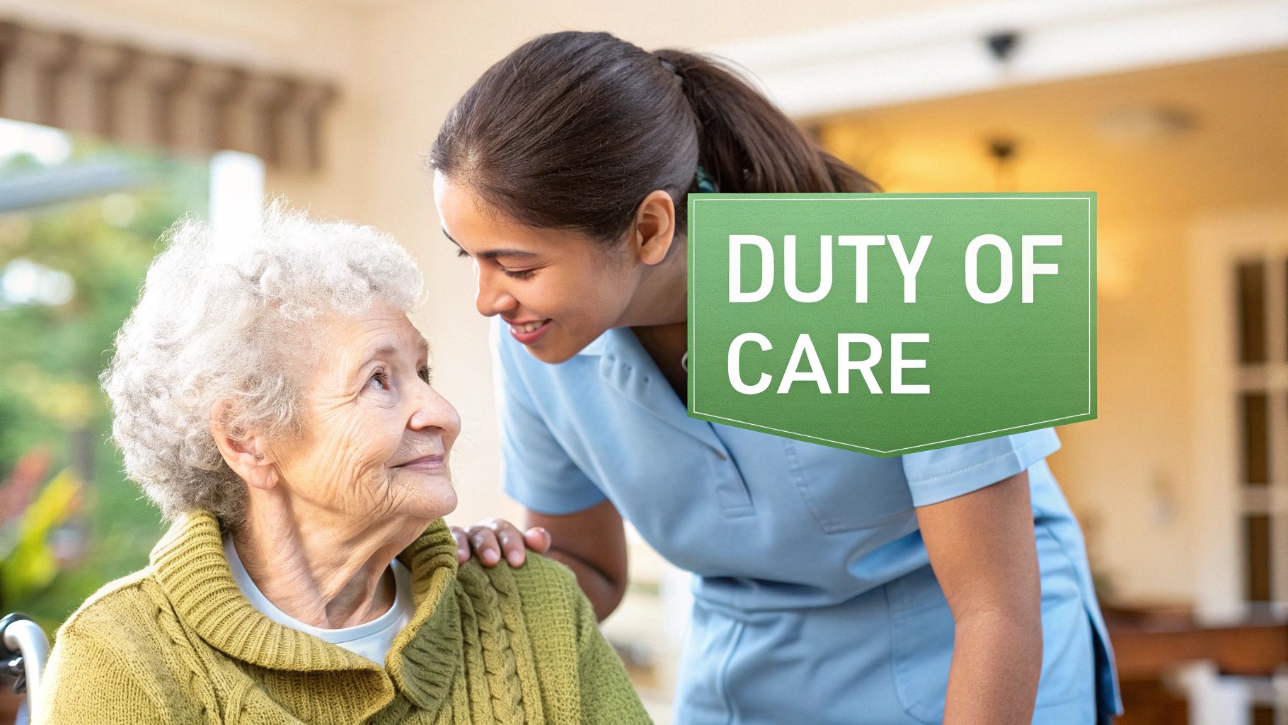 A carer helping an elderly woman in her home, demonstrating attentive care.