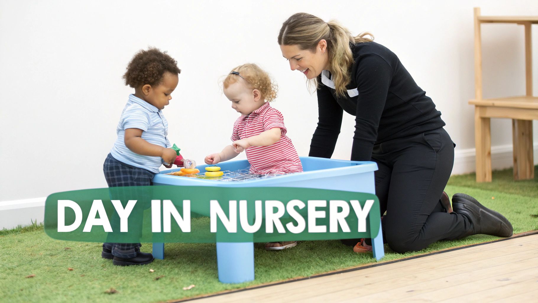 Early years educator smiling at two diverse toddlers playing with water table toys in a nursery.