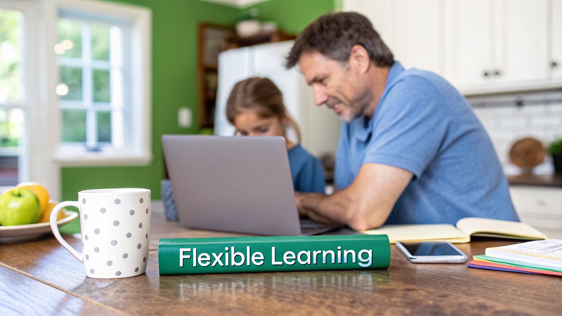 Father and daughter focused on a laptop at a kitchen table with a 'Flexible Learning' book.