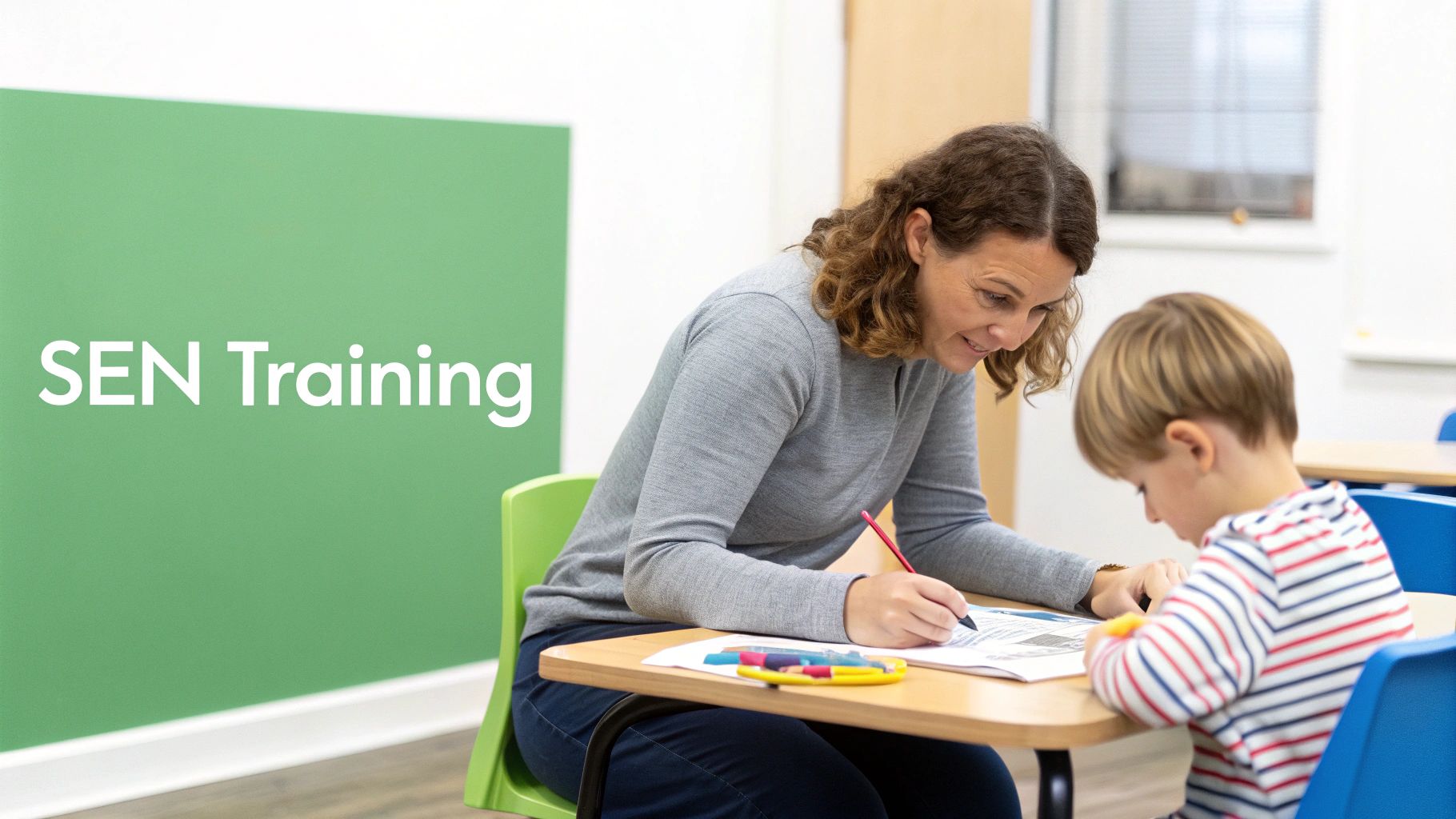 A teaching assistant helping a young student with a learning activity at a desk.
