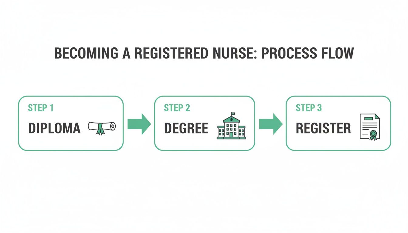A process flow chart illustrating the three steps to becoming a registered nurse: diploma, degree, and registration.