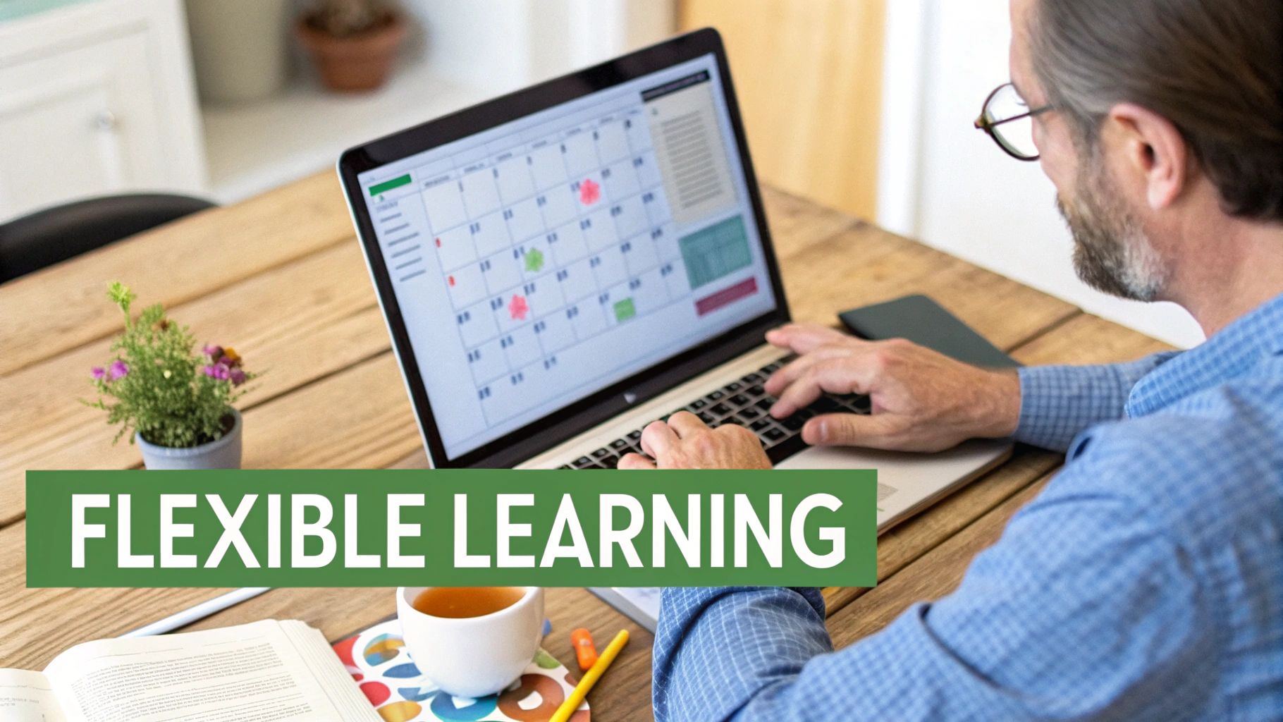 Man working on a laptop displaying a calendar, next to a cup of tea and a book, for flexible learning.