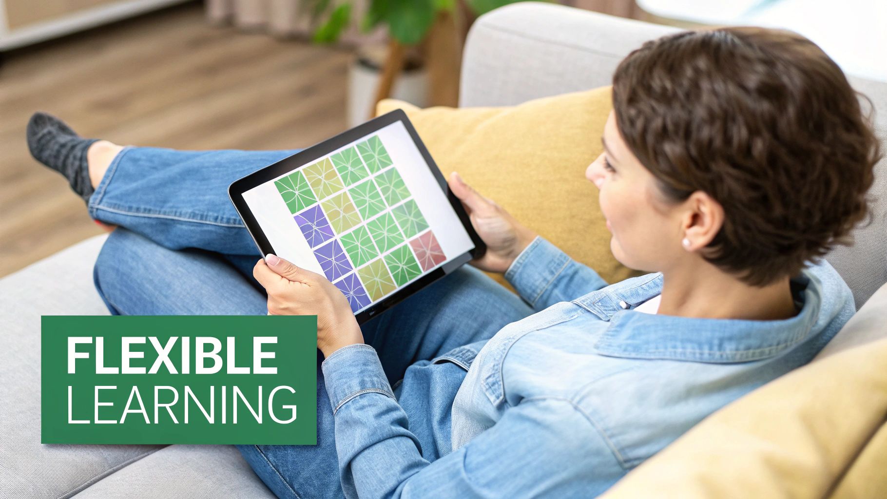 A woman smiles while studying online at her desk with a laptop and notebook.