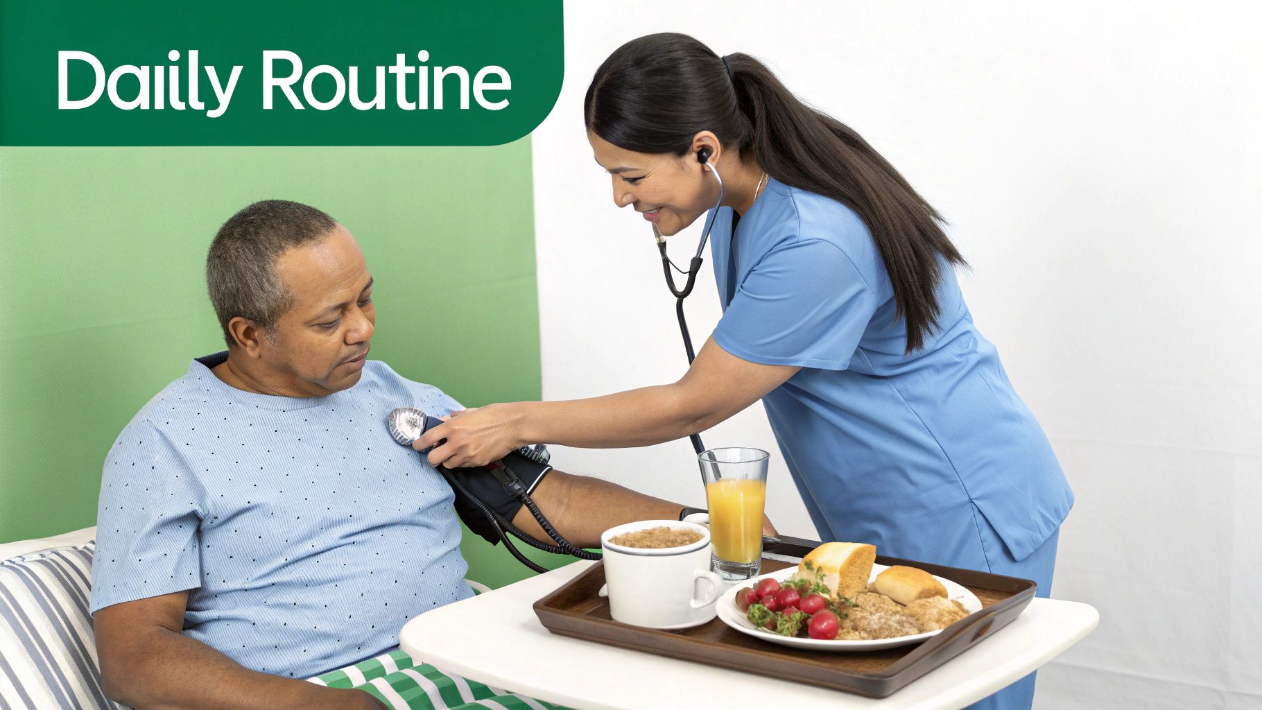 A healthcare assistant checks a male patient's blood pressure in bed, with a breakfast tray nearby.