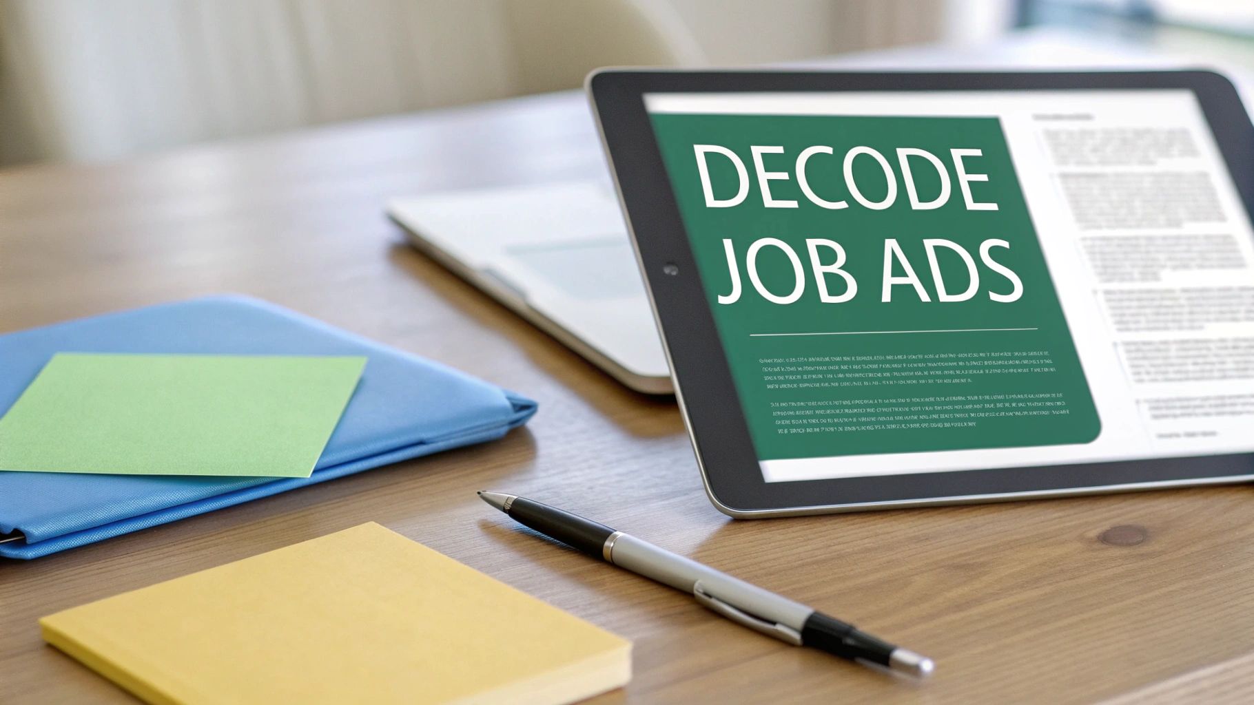 A tablet displaying "DECODE JOB ADS" next to office supplies on a wooden desk.