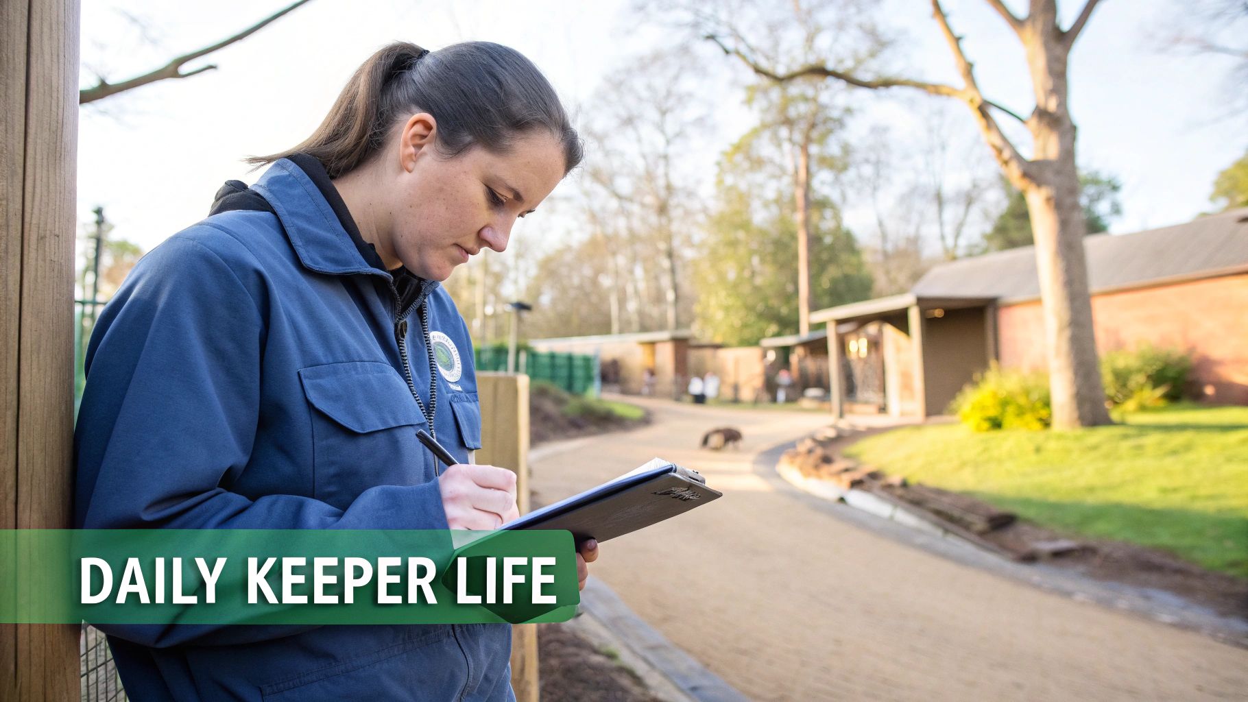 A zookeeper in a blue uniform fills out paperwork on a clipboard at an outdoor animal enclosure.