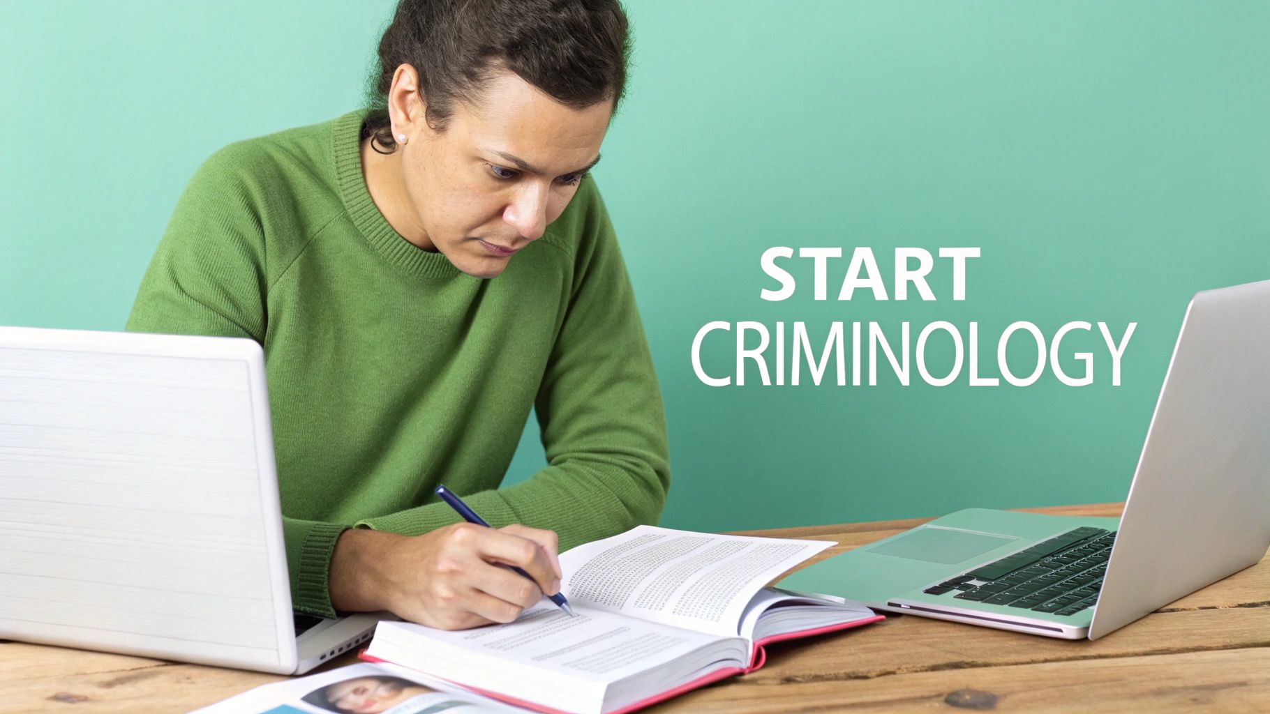 An adult learner in a green sweater diligently studying criminology, writing notes from a textbook at a wooden desk.