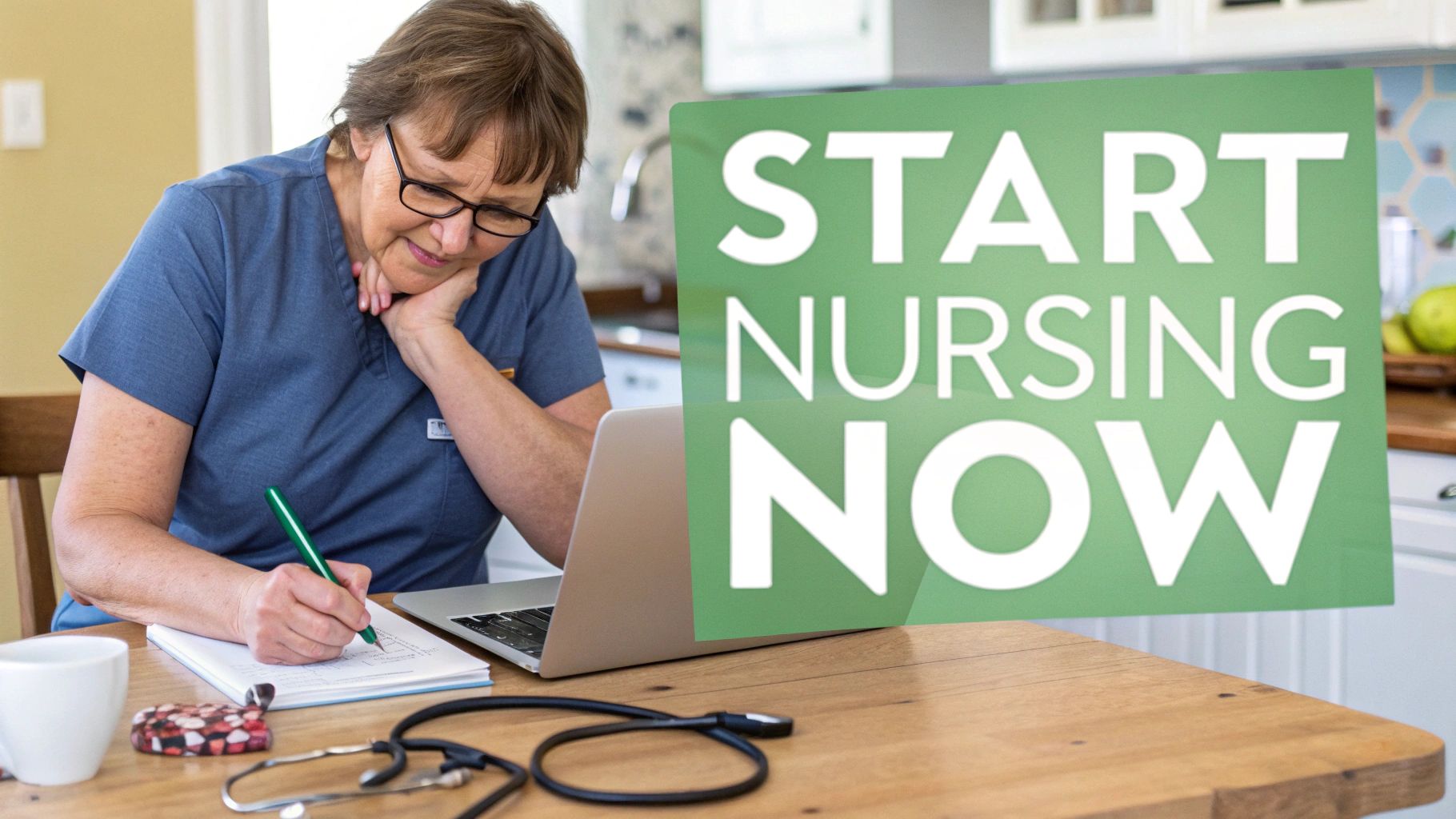An aspiring nurse reviewing educational materials on a laptop, looking determined and hopeful.