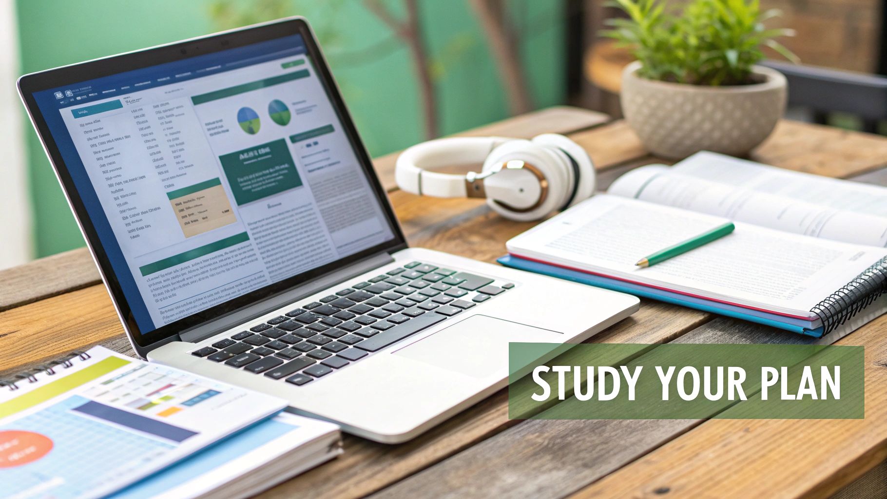 A productive workspace with a laptop displaying charts, headphones, an open notebook, and a plant. Text: 'STUDY YOUR PLAN'.